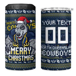 Personalized Cowboys Christmas 4 in 1 Can Cooler Tumbler Australian Rugby Fans - Pixelated Ugly Xmas Pattern Mascot Santa