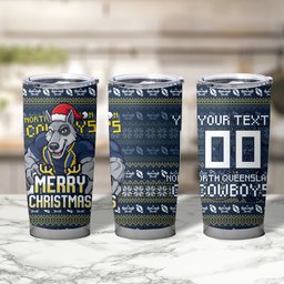 Personalized Cowboys Christmas Tumbler Cup Australian Rugby Fans - Pixelated Ugly Xmas Pattern Mascot Santa