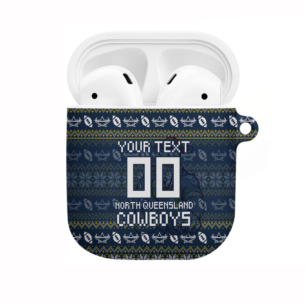 Personalized Cowboys Christmas AirPods Case Australian Rugby Fans - Pixelated Ugly Xmas Pattern Mascot Santa