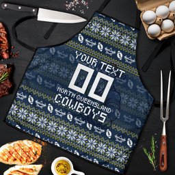 Personalized Cowboys Christmas Apron Australian Rugby Fans - Pixelated Ugly Xmas Pattern Mascot Santa