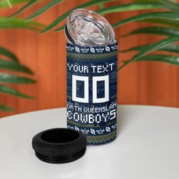 Personalized Cowboys Christmas 4 in 1 Can Cooler Tumbler Australian Rugby Fans - Pixelated Ugly Xmas Pattern Mascot Santa