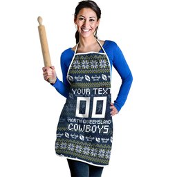 Personalized Cowboys Christmas Apron Australian Rugby Fans - Pixelated Ugly Xmas Pattern Mascot Santa