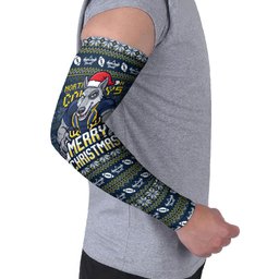 Personalized Cowboys Christmas Arm Sleeves Australian Rugby Fans - Pixelated Ugly Xmas Pattern Mascot Santa