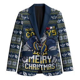 Personalized Cowboys Christmas Blazer Australian Rugby Fans - Pixelated Ugly Xmas Pattern Mascot Santa