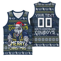 Personalized Cowboys Christmas Basketball Jersey Australian Rugby Fans - Pixelated Ugly Xmas Pattern Mascot Santa