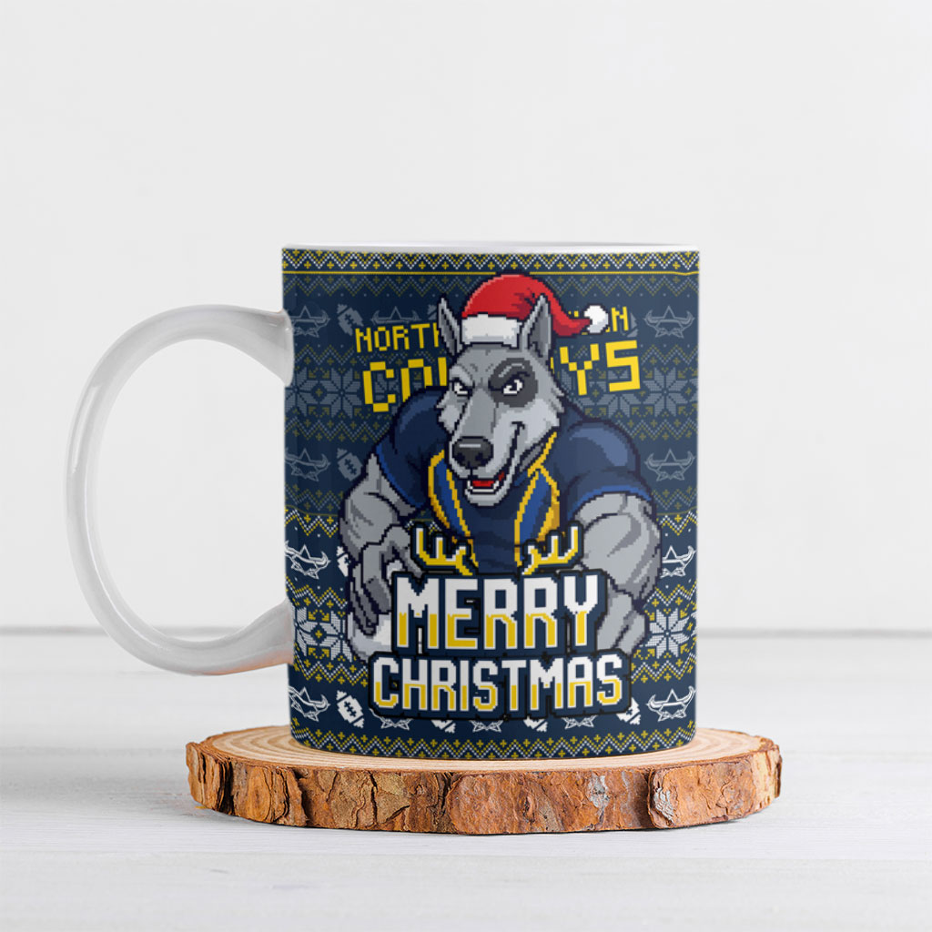 Personalized Cowboys Christmas Ceramic Mug Australian Rugby Fans - Pixelated Ugly Xmas Pattern Mascot Santa