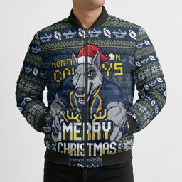 Personalized Cowboys Christmas Bomber Puffer Jacket Australian Rugby Fans - Pixelated Ugly Xmas Pattern Mascot Santa