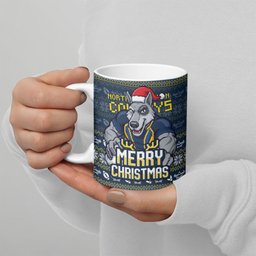 Personalized Cowboys Christmas Ceramic Mug Australian Rugby Fans - Pixelated Ugly Xmas Pattern Mascot Santa