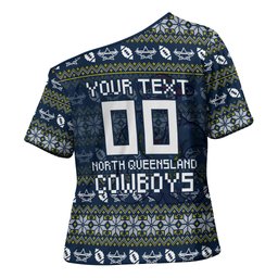 Personalized Cowboys Christmas Cross Shoulder Shirt Australian Rugby Fans - Pixelated Ugly Xmas Pattern Mascot Santa