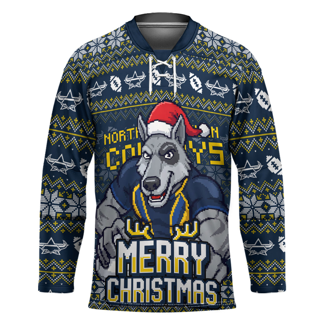 Personalized Cowboys Christmas Hockey Jersey Australian Rugby Fans - Pixelated Ugly Xmas Pattern Mascot Santa