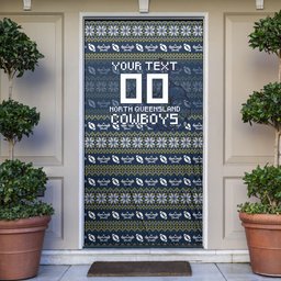 Personalized Cowboys Christmas Door Cover Australian Rugby Fans - Pixelated Ugly Xmas Pattern Mascot Santa