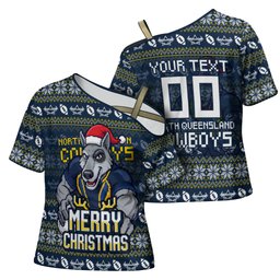 Personalized Cowboys Christmas Cross Shoulder Shirt Australian Rugby Fans - Pixelated Ugly Xmas Pattern Mascot Santa