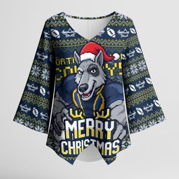 Personalized Cowboys Christmas Kimono Sleeve Blouse Australian Rugby Fans - Pixelated Ugly Xmas Pattern Mascot Santa