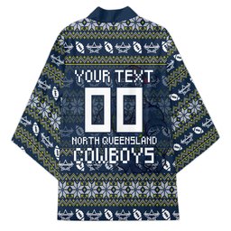 Personalized Cowboys Christmas Kimono Australian Rugby Fans - Pixelated Ugly Xmas Pattern Mascot Santa