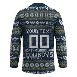 Personalized Cowboys Christmas Hockey Jersey Australian Rugby Fans - Pixelated Ugly Xmas Pattern Mascot Santa