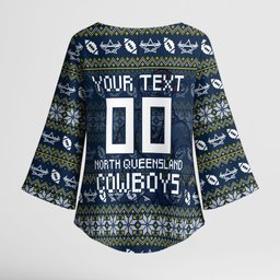 Personalized Cowboys Christmas Kimono Sleeve Blouse Australian Rugby Fans - Pixelated Ugly Xmas Pattern Mascot Santa