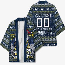 Personalized Cowboys Christmas Kimono Australian Rugby Fans - Pixelated Ugly Xmas Pattern Mascot Santa