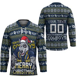 Personalized Cowboys Christmas Hockey Jersey Australian Rugby Fans - Pixelated Ugly Xmas Pattern Mascot Santa