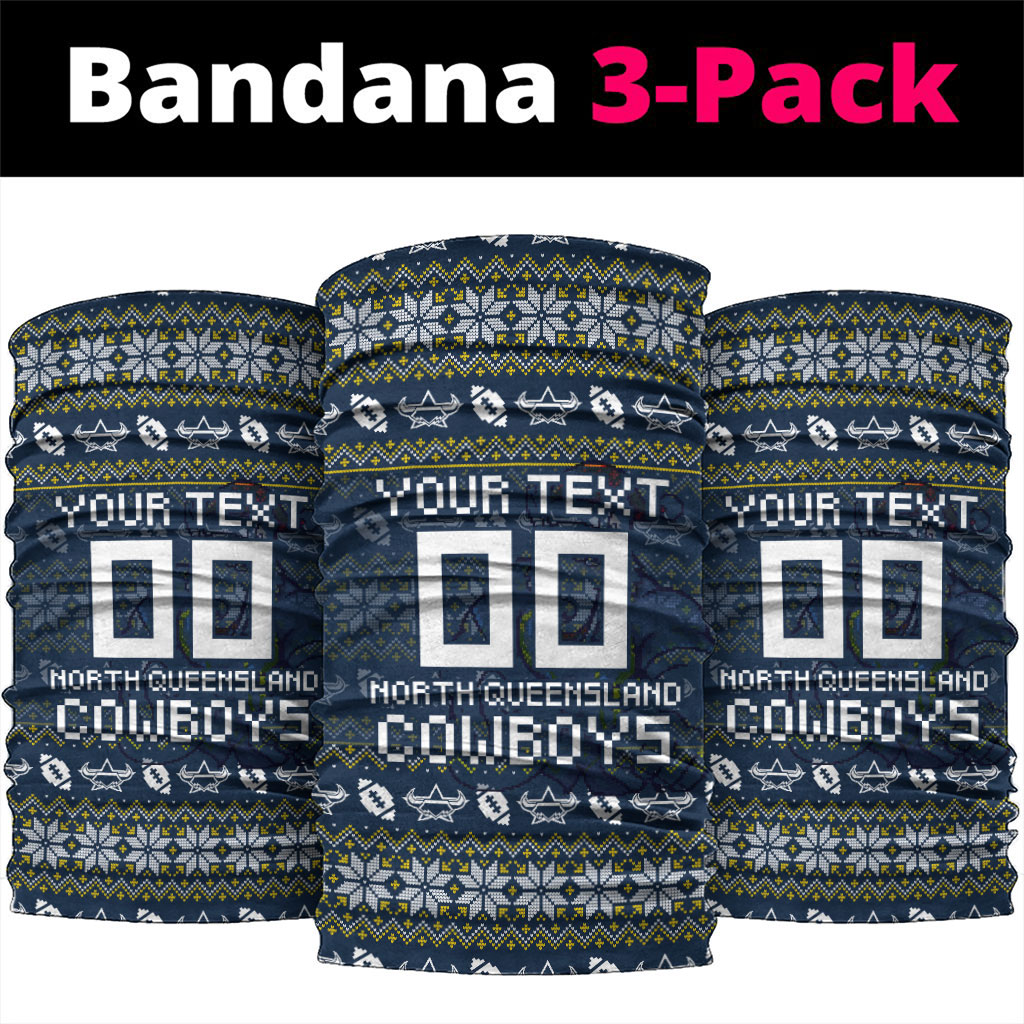 Personalized Cowboys Christmas Neck Gaiter Australian Rugby Fans - Pixelated Ugly Xmas Pattern Mascot Santa