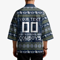Personalized Cowboys Christmas Kimono Australian Rugby Fans - Pixelated Ugly Xmas Pattern Mascot Santa