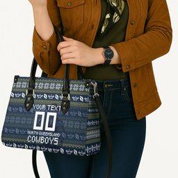 Personalized Cowboys Christmas Leather Bag Australian Rugby Fans - Pixelated Ugly Xmas Pattern Mascot Santa