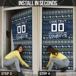 Personalized Cowboys Christmas Door Cover Australian Rugby Fans - Pixelated Ugly Xmas Pattern Mascot Santa
