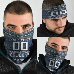 Personalized Cowboys Christmas Neck Gaiter Australian Rugby Fans - Pixelated Ugly Xmas Pattern Mascot Santa