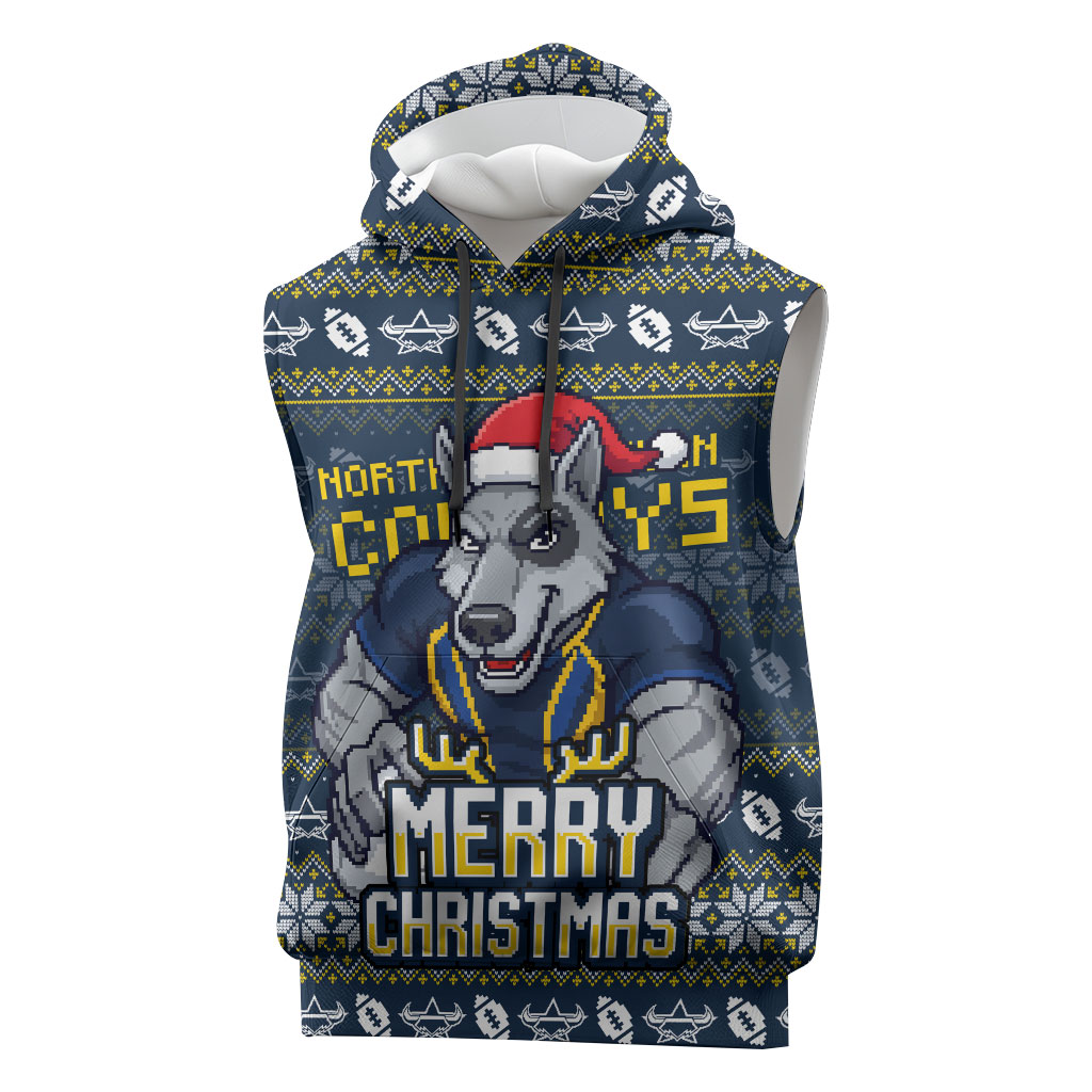 Personalized Cowboys Christmas Sleeveless Hoodie Australian Rugby Fans - Pixelated Ugly Xmas Pattern Mascot Santa