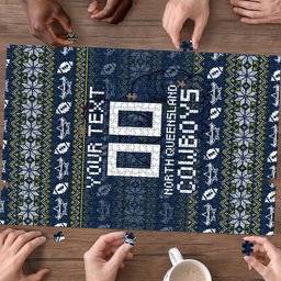 Personalized Cowboys Christmas Puzzle Australian Rugby Fans - Pixelated Ugly Xmas Pattern Mascot Santa