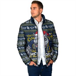 Personalized Cowboys Christmas Padded Jacket Australian Rugby Fans - Pixelated Ugly Xmas Pattern Mascot Santa