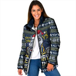 Personalized Cowboys Christmas Padded Jacket Australian Rugby Fans - Pixelated Ugly Xmas Pattern Mascot Santa