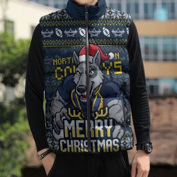Personalized Cowboys Christmas Sleeveless Puffer Jacket Australian Rugby Fans - Pixelated Ugly Xmas Pattern Mascot Santa