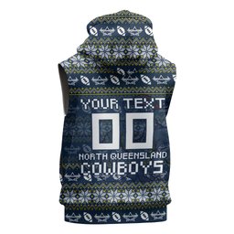 Personalized Cowboys Christmas Sleeveless Zip Hoodie Australian Rugby Fans - Pixelated Ugly Xmas Pattern Mascot Santa