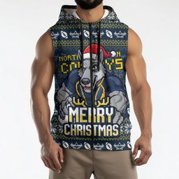 Personalized Cowboys Christmas Sleeveless Zip Hoodie Australian Rugby Fans - Pixelated Ugly Xmas Pattern Mascot Santa