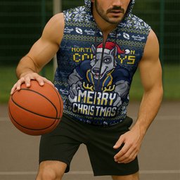 Personalized Cowboys Christmas Sleeveless Zip Hoodie Australian Rugby Fans - Pixelated Ugly Xmas Pattern Mascot Santa