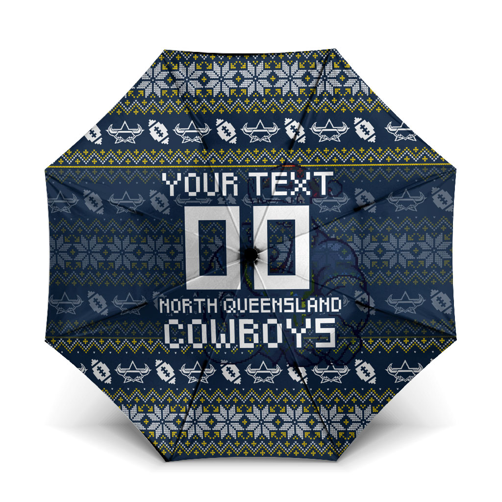 Personalized Cowboys Christmas Umbrella Australian Rugby Fans - Pixelated Ugly Xmas Pattern Mascot Santa