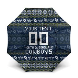 Personalized Cowboys Christmas Umbrella Australian Rugby Fans - Pixelated Ugly Xmas Pattern Mascot Santa