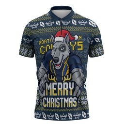 Personalized Cowboys Christmas Zipper Polo Shirt Australian Rugby Fans - Pixelated Ugly Xmas Pattern Mascot Santa