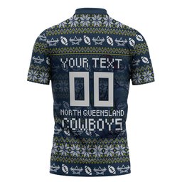 Personalized Cowboys Christmas Zipper Polo Shirt Australian Rugby Fans - Pixelated Ugly Xmas Pattern Mascot Santa