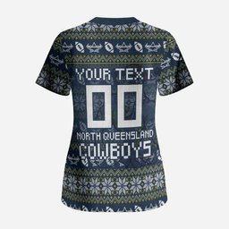 Personalized Cowboys Christmas Scrub Top Australian Rugby Fans - Pixelated Ugly Xmas Pattern Mascot Santa