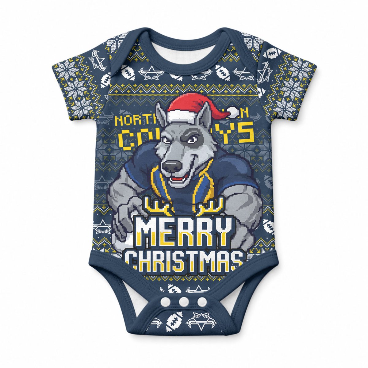 Personalized Cowboys Christmas Baby Onesie Australian Rugby Fans - Pixelated Ugly Xmas Pattern Mascot Santa