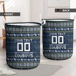 Personalized Cowboys Christmas Laundry Basket Australian Rugby Fans - Pixelated Ugly Xmas Pattern Mascot Santa
