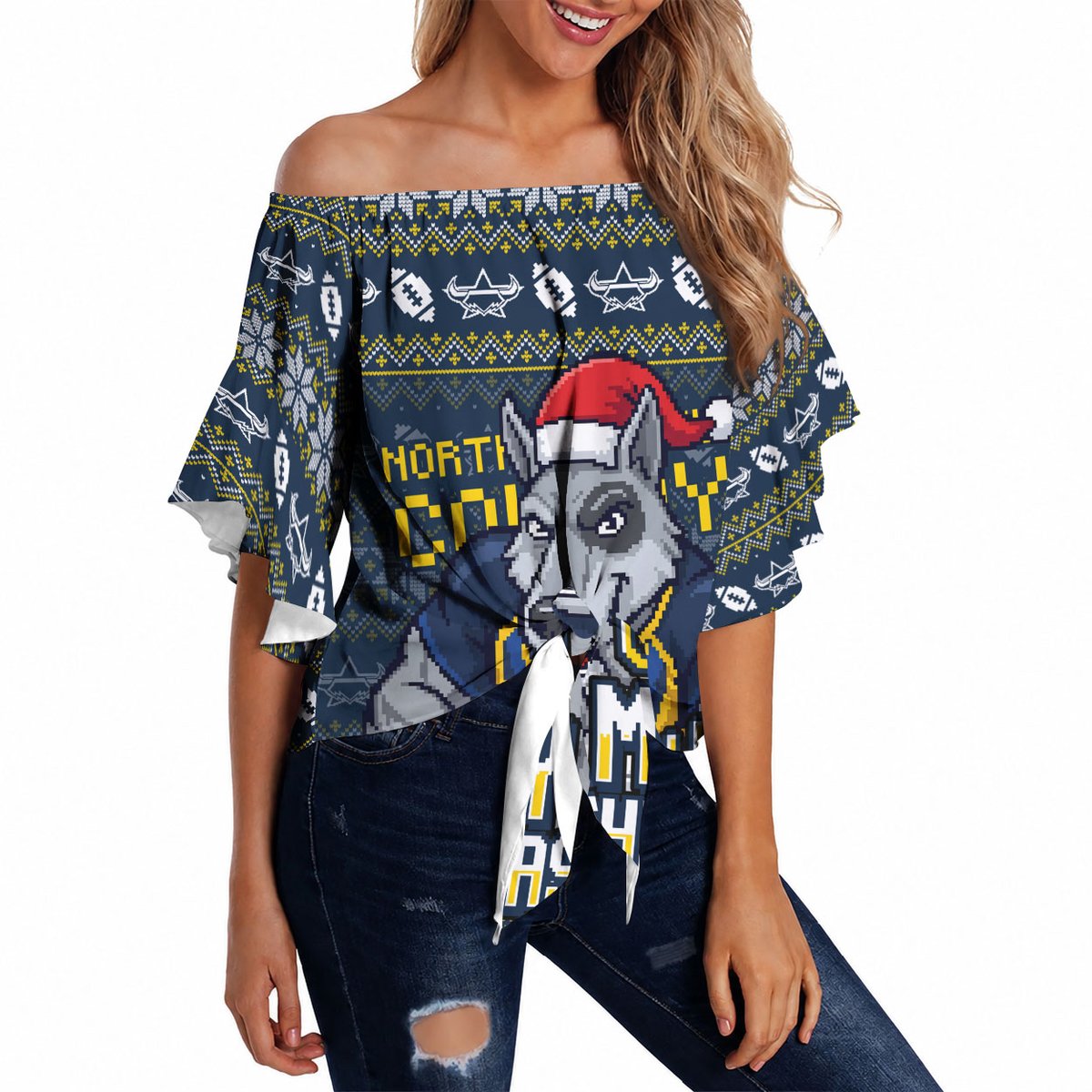 Personalized Cowboys Christmas Off Shoulder Wrap Waist Top Australian Rugby Fans - Pixelated Ugly Xmas Pattern Mascot Santa