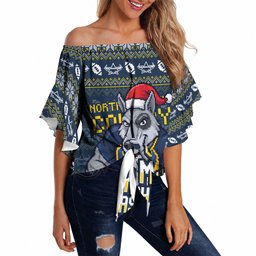 Personalized Cowboys Christmas Off Shoulder Wrap Waist Top Australian Rugby Fans - Pixelated Ugly Xmas Pattern Mascot Santa