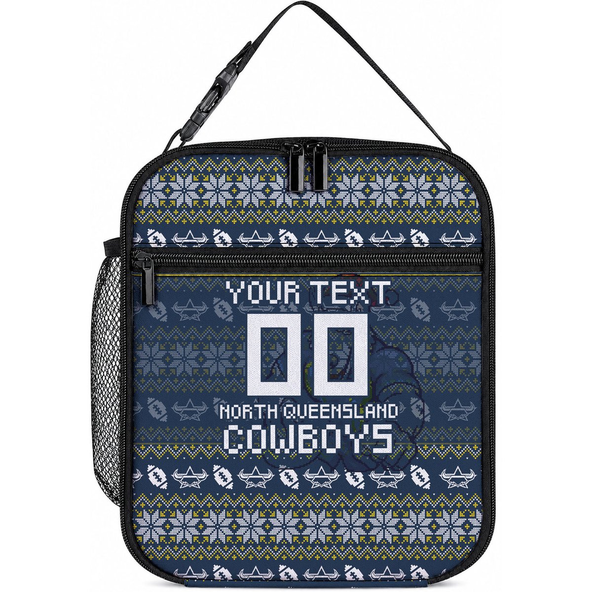 Personalized Cowboys Christmas Lunch Bag Australian Rugby Fans - Pixelated Ugly Xmas Pattern Mascot Santa