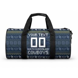Personalized Cowboys Christmas Duffle Bag Australian Rugby Fans - Pixelated Ugly Xmas Pattern Mascot Santa