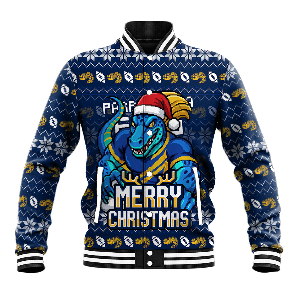Personalized Parramatta Eels Christmas Baseball Jacket Australian Rugby Fans - Pixelated Ugly Xmas Pattern Mascot Santa