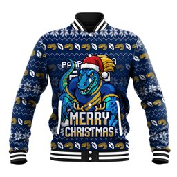 Personalized Parramatta Eels Christmas Baseball Jacket Australian Rugby Fans - Pixelated Ugly Xmas Pattern Mascot Santa