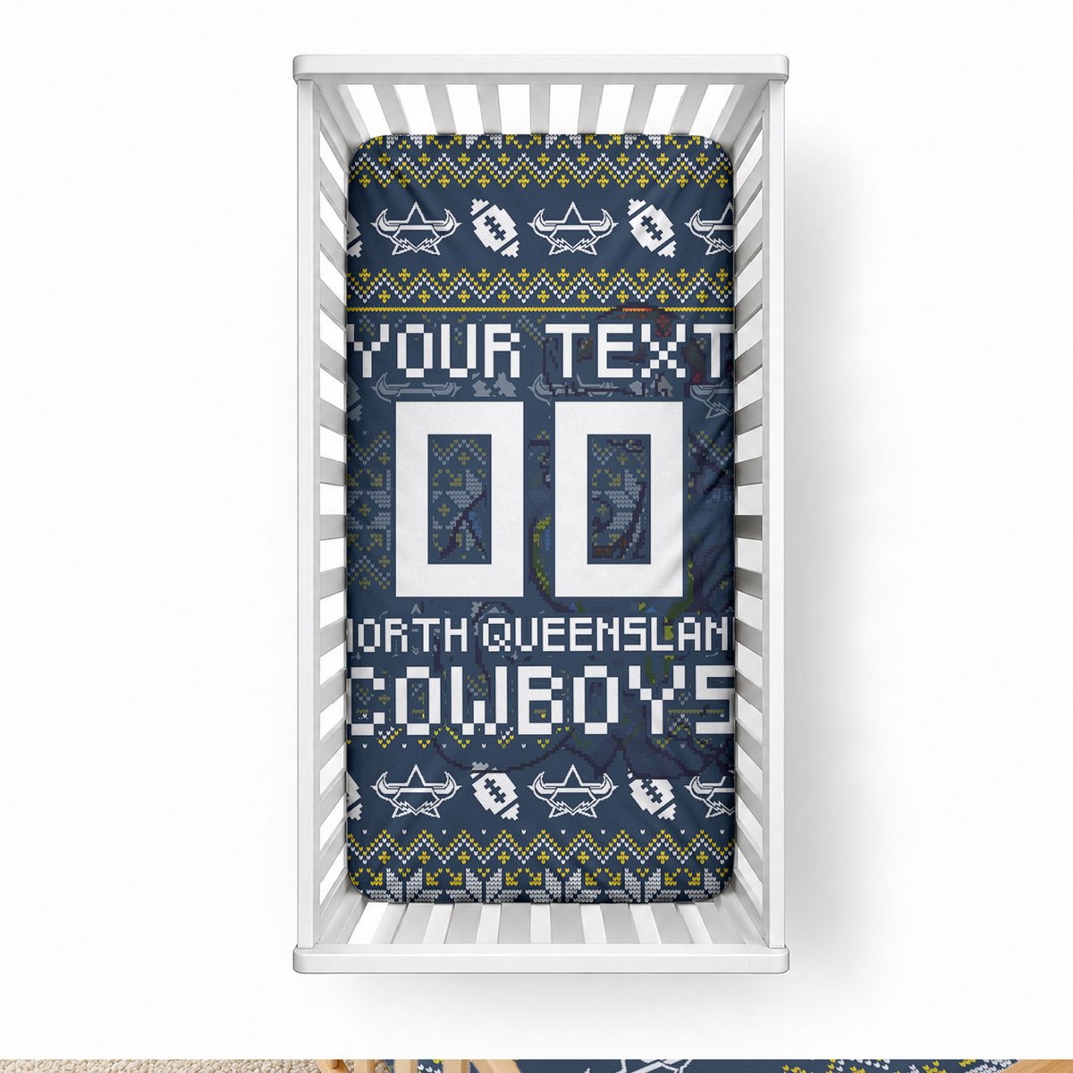 Personalized Cowboys Christmas Baby Bed Cover Australian Rugby Fans - Pixelated Ugly Xmas Pattern Mascot Santa