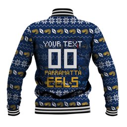 Personalized Parramatta Eels Christmas Baseball Jacket Australian Rugby Fans - Pixelated Ugly Xmas Pattern Mascot Santa